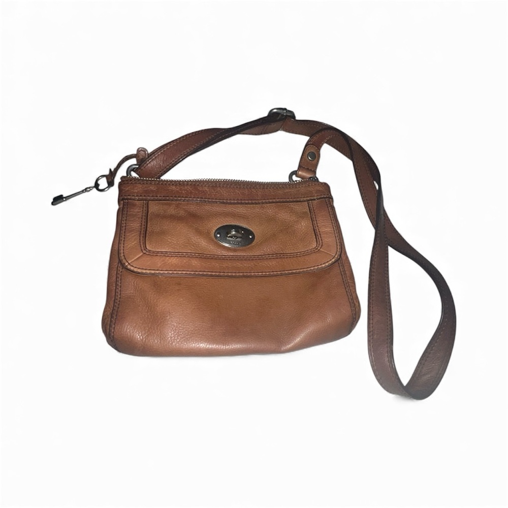 Fossil Marlow Brown Leather Top Zip Crossbody Bag with Key Charm
